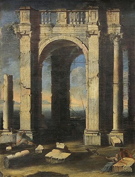 A Capriccio View With Ruins, Figures In The Foreground And The Sea Beyond Oil Painting by Leonardo Coccorante