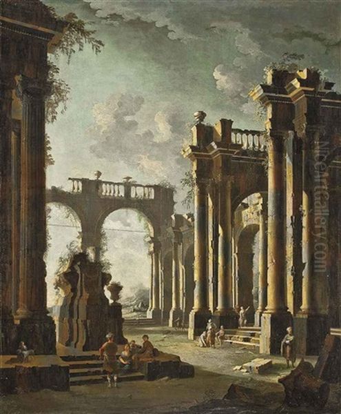 An Architectural Capriccio Of Classical Ruins With Figures Conversing Oil Painting by Leonardo Coccorante