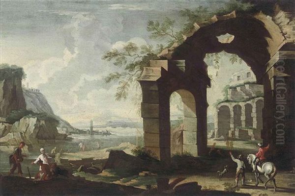 An Architectural Capriccio With Classical Ruins And Figures Conversing On A Shore Oil Painting by Leonardo Coccorante