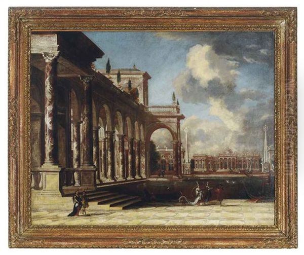 Elegant Figures On Palatial Grounds Oil Painting by Leonardo Coccorante