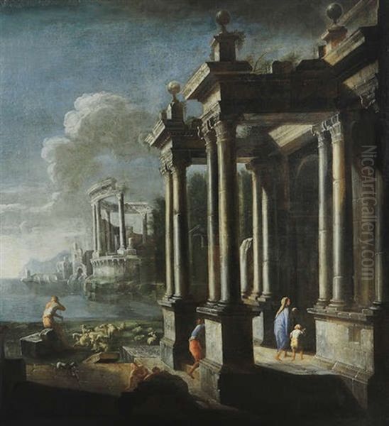 Capriccio De Figures, D'un Berger Et De Moutons Pres De Ruines De Monuments Antiques Oil Painting by Leonardo Coccorante