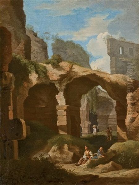 Personnages Dans Un Paysage En Ruines Oil Painting by Leonardo Coccorante