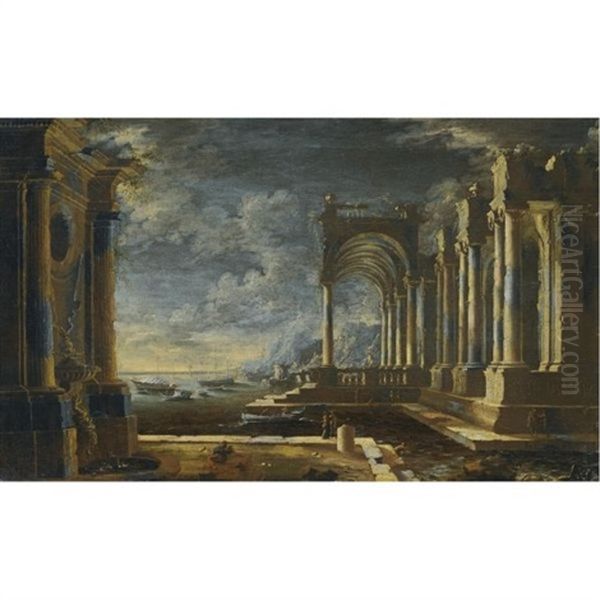 Classic Ruins With Fountain On The Sea Oil Painting by Leonardo Coccorante