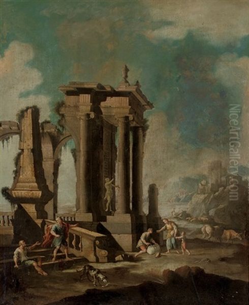 A Coastal Landscape With Figures By Classical Ruins Oil Painting by Leonardo Coccorante