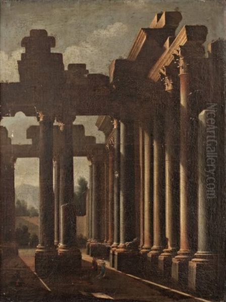 Colonnade Antique Aux Personnages Oil Painting by Leonardo Coccorante