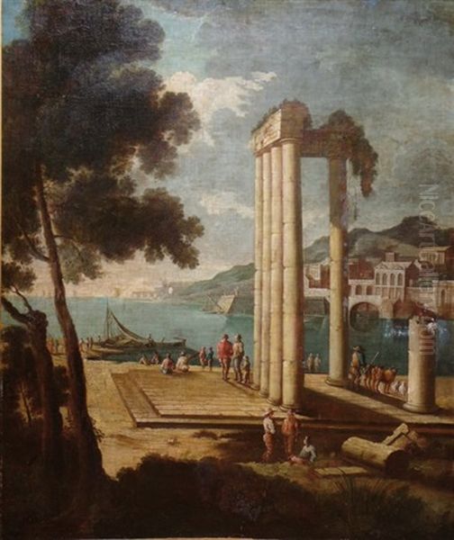 Paysage Aux Colonnes Antiques Et Embarcadere Oil Painting by Leonardo Coccorante