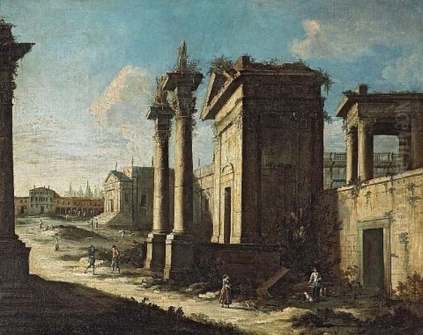 A View Of Ruins With Figures Oil Painting by Leonardo Coccorante