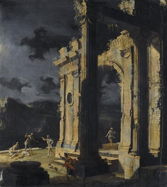 An Architectural Capriccio With Figures Amongst Ruins Under A Stormy Night Sky Oil Painting by Leonardo Coccorante