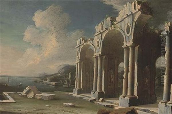 A Capriccio Of Classical Ruins By A Mediterranean Coastal Inlet Oil Painting by Leonardo Coccorante