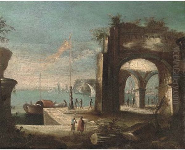 Figures On A Quayside Before A Ruined Arch Oil Painting by Leonardo Coccorante