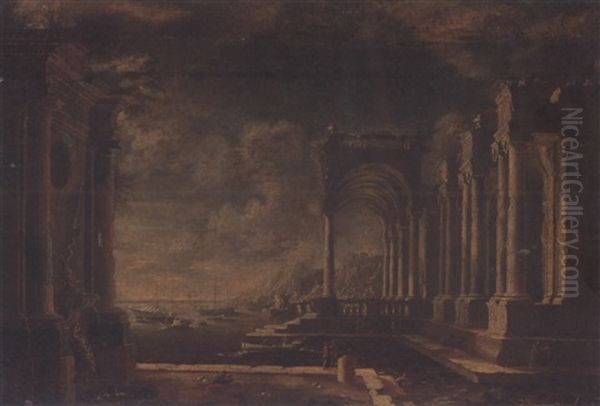 A Capriccio Of A Mediterranean Port With Classical Ruins And Shipping Oil Painting by Leonardo Coccorante