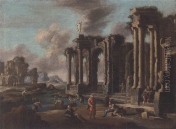 A Capriccio Of Roman Ruins With Travellers Oil Painting by Leonardo Coccorante