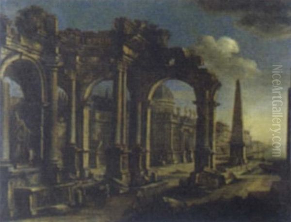 Architectural Capriccio With Figures By A Port Oil Painting by Leonardo Coccorante