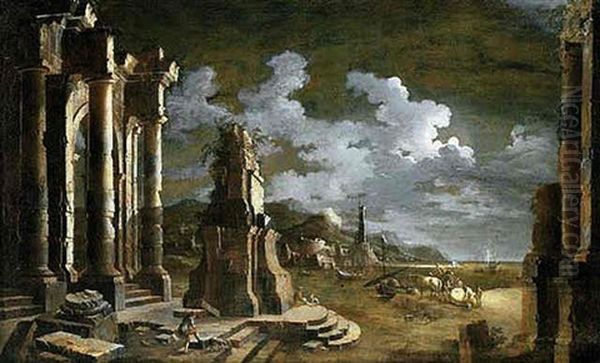 Figures Amongst Ruins In A Moonlit Mediterranean Port Oil Painting by Leonardo Coccorante