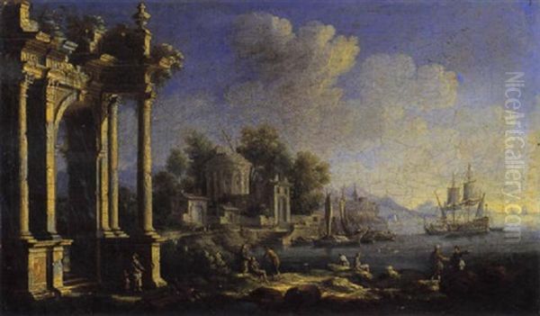 Veduta Ideale Di Porto Con Rovine Classiche Oil Painting by Leonardo Coccorante