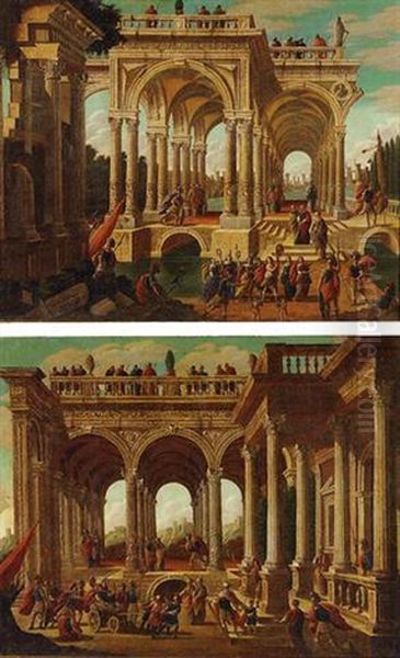 A Capriccio View Of Palladian Ruins With Numerous Figures And Roman Soldiers In The Foreground Oil Painting by Leonardo Coccorante