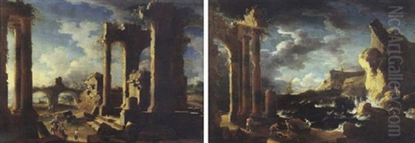 Capriccio Architettonico Di Rovine Di Ordine Corinzio Presso Una Costa Mediterranea In Tempesta, Con Naufraghi Ed Astanti Oil Painting by Leonardo Coccorante