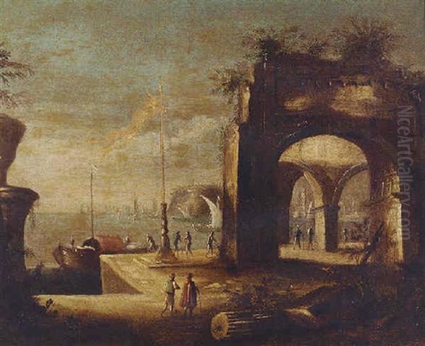 Figures On A Quayside Before A Ruined Arch Oil Painting by Leonardo Coccorante