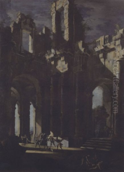 Classical Ruins With Banditti Oil Painting by Leonardo Coccorante