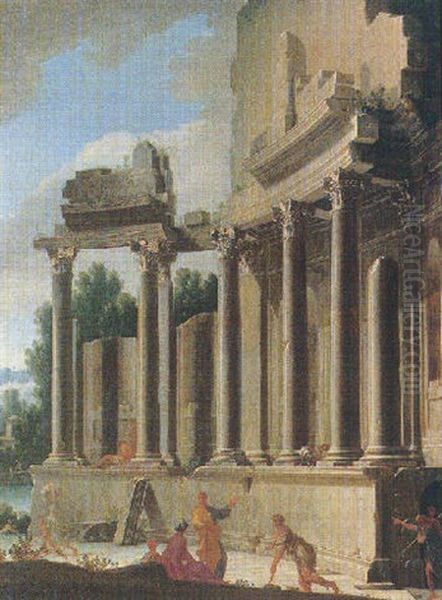 An Architectural Capriccio Oil Painting by Leonardo Coccorante