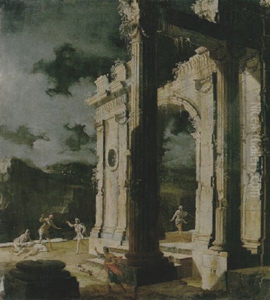 An Architectural Capriccio With Figures Amongst Ruins, Under A Stormy Night Sky Oil Painting by Leonardo Coccorante