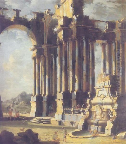 Classical Ruins With Figures Near A Fountain Oil Painting by Leonardo Coccorante