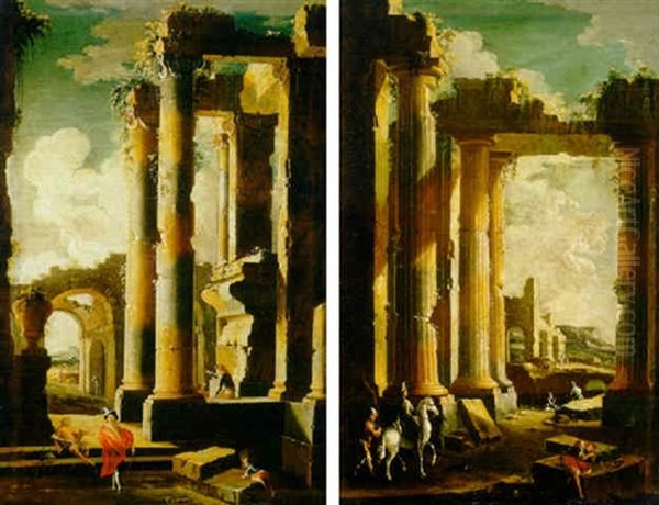 Capricci Of Figures Among Classical Ruins Oil Painting by Leonardo Coccorante