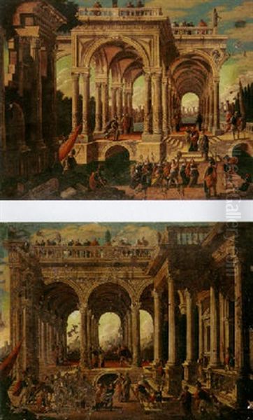 A Capriccio View Of Palladian Ruins With Numerous Figures And Roman Soldiers In The Foreground Oil Painting by Leonardo Coccorante