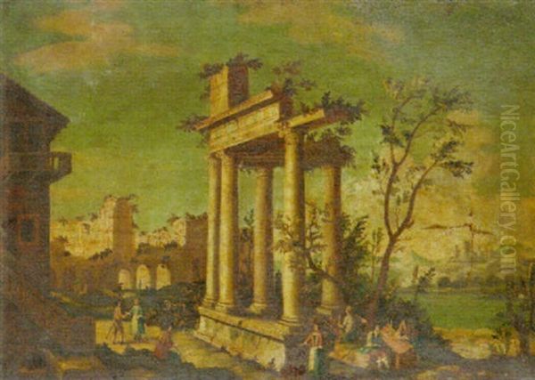 An Architectural Capriccio With Grand Tourists Among Ruins Oil Painting by Leonardo Coccorante