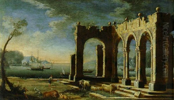 A Capriccio Of Architectural Ruins With A Dutch Frigate And Other Shipping In A Bay Beyond Oil Painting by Leonardo Coccorante