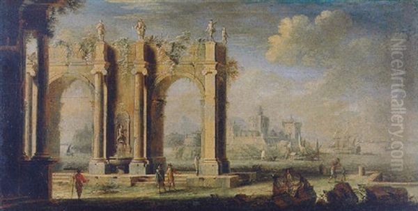 Figures Amongst Classical Ruins, A Port Beyond Oil Painting by Leonardo Coccorante