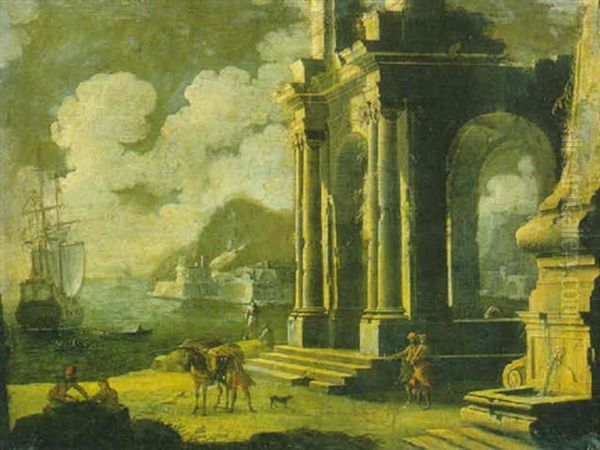 Un Loggiato Ionico Ed Una Fontana Presso Una Costa Mediterranea, Con Un Borgo Fortificato, Un Galeone E Astanti Oil Painting by Leonardo Coccorante