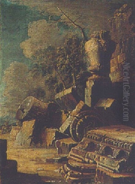 A Capriccio Scene Wirth Classical Ruins Oil Painting by Leonardo Coccorante