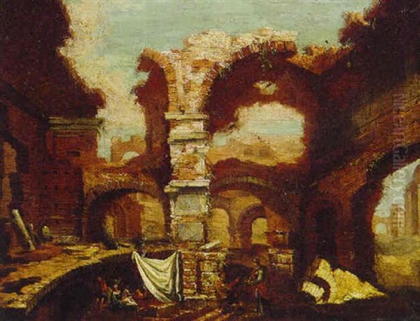 Peasants Amongst Classical Ruins Oil Painting by Leonardo Coccorante