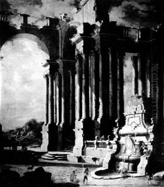 Animated View With Ruins And Figures by Leonardo Coccorante