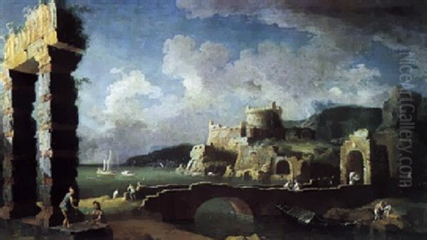 Ruine D'un Chateau Pres D'un Rivage Mediterraneen Oil Painting by Leonardo Coccorante