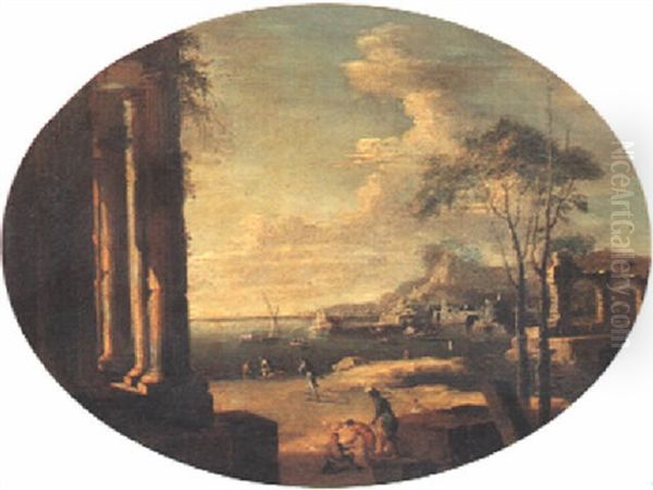 Capriccio Con Costa Mediterranea, Rovine Antiche E Astanti Oil Painting by Leonardo Coccorante