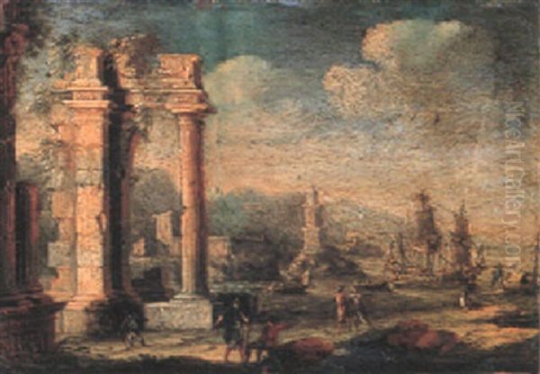 Capriccio Of A Mediterranean Coast With Classical Ruins Oil Painting by Leonardo Coccorante