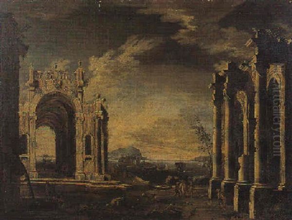 Capriccio Di Rovine Antiche Con Un Edificio Presso Una Costa Oil Painting by Leonardo Coccorante