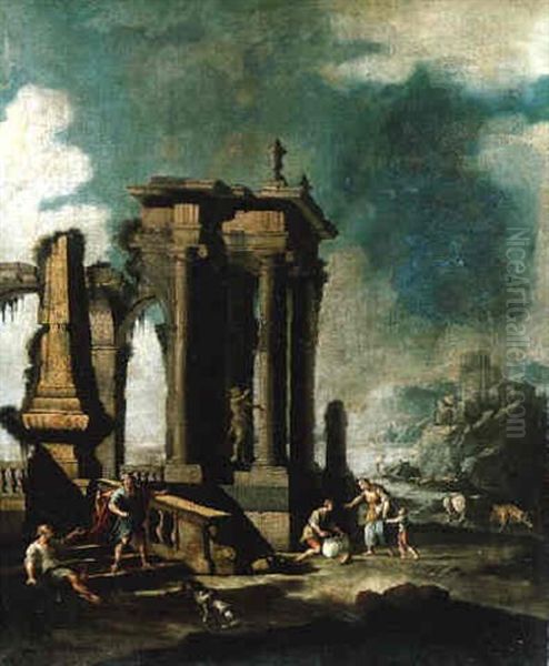 A Mediterranean Coastline With Peasants Conversing Among Classical Ruins Oil Painting by Leonardo Coccorante