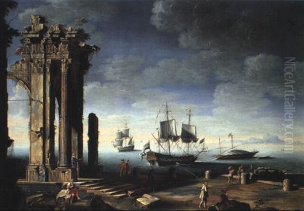 Port De Mer Avec Les Ruines D'un Portique Antique Oil Painting by Leonardo Coccorante