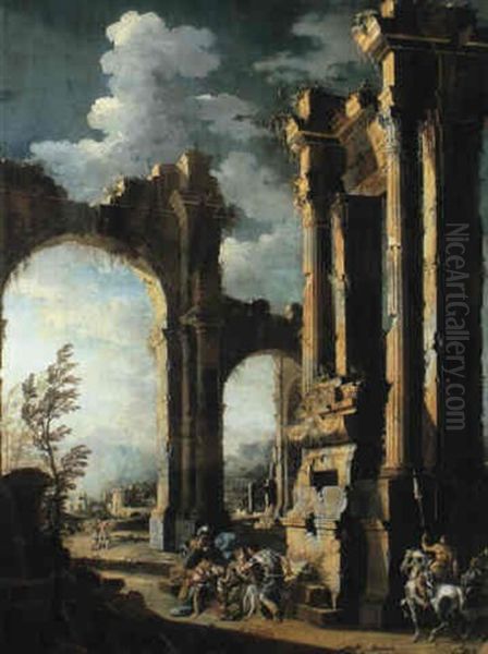 Soldiers Attacking A Woman Amongst Classical Ruins Oil Painting by Leonardo Coccorante