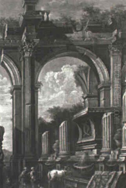 Figures Amidst Classical Ruins Oil Painting by Leonardo Coccorante