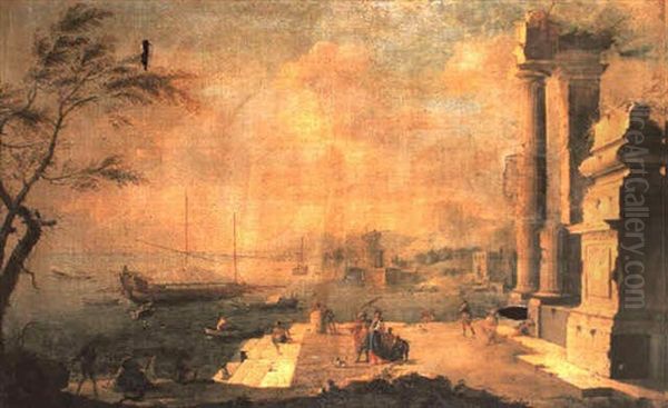 A Cappriccio Of A Harbour With Elegant Figures On A Quayside Before Classical Ruins Oil Painting by Leonardo Coccorante