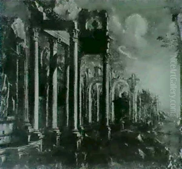 A Capriccio View Of Classical Ruins. Oil Painting by Leonardo Coccorante