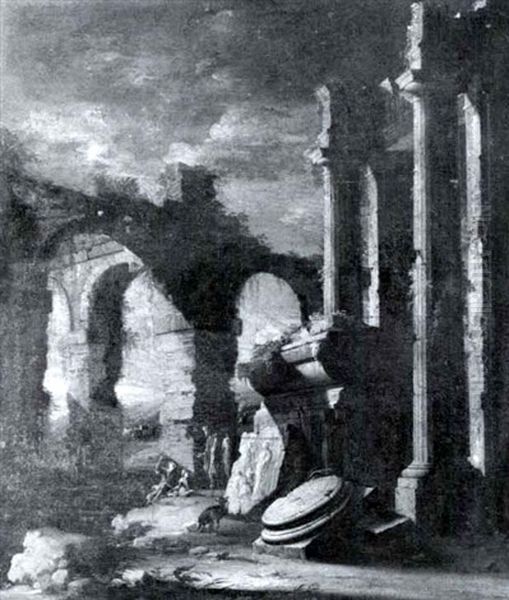 Figures Amidst Classical Ruins Oil Painting by Leonardo Coccorante