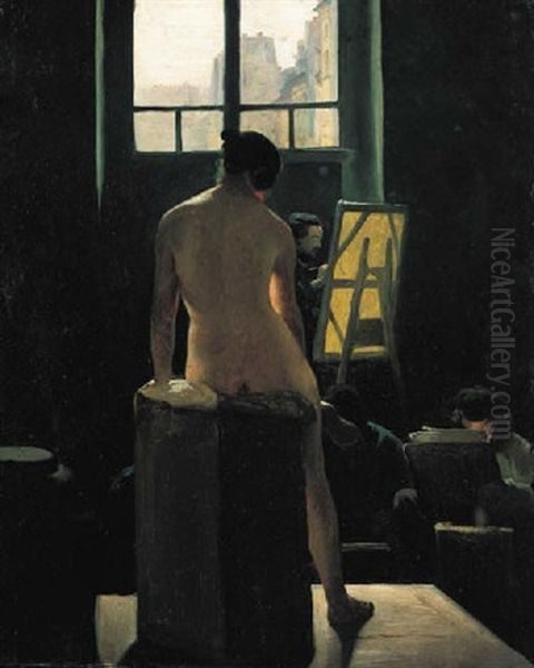 A Female Nude Seated Before A Group Of Artists In A Parisian Studio Oil Painting by Leon Mathieu Cochereau