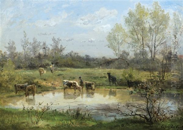 Cattle Watering Oil Painting by Cesar De Cock