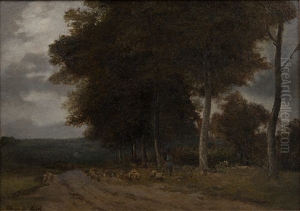 Sheepherder In A Wood Landscape Oil Painting by Cesar De Cock