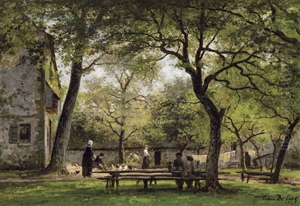 Painters Sitting In The Courtyard Of The Saint-simeon Farm At Honfleur (1872) Oil Painting by Cesar De Cock